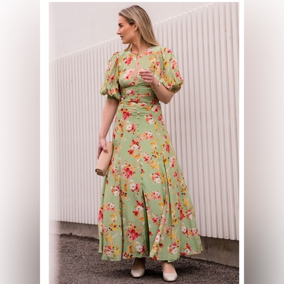 ByTimo Satin Green Bouquet Floral Print Ruched Gown - Picture 7 of 10